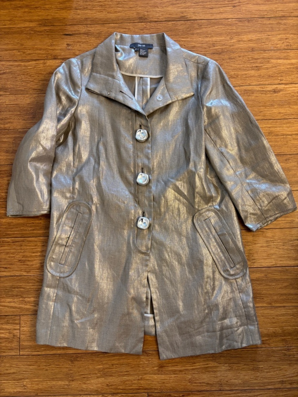 Per Se Metallic Three-Quarter Sleeve large button Coat jacket size 2